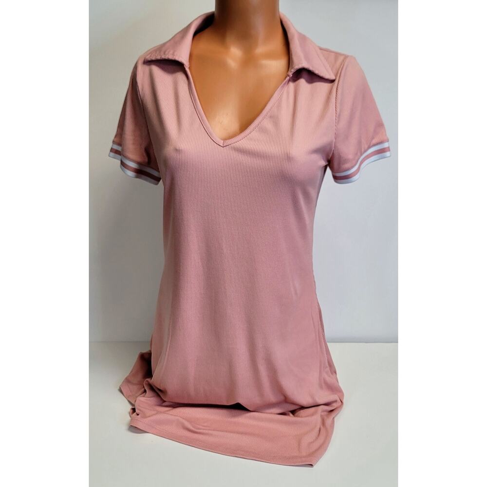 No Boundaries Dusty Rose Polo-Style V-Neck Midi Dress with Stripe Sleeve Detail